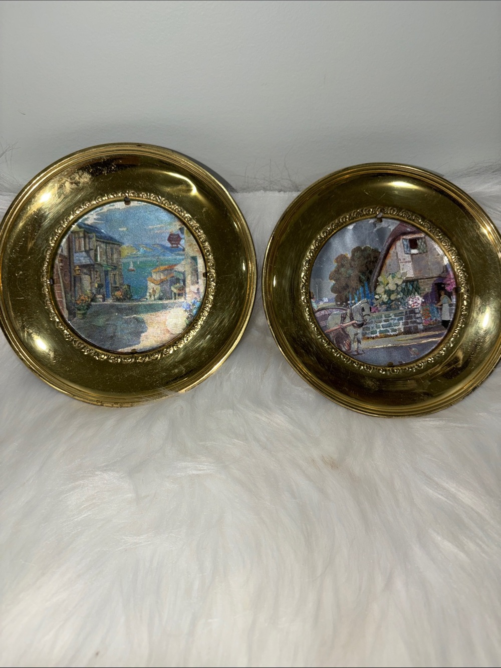 Pair of Gold  Solid Brass Framed Coastal and Horse Cottage Wall Plaques